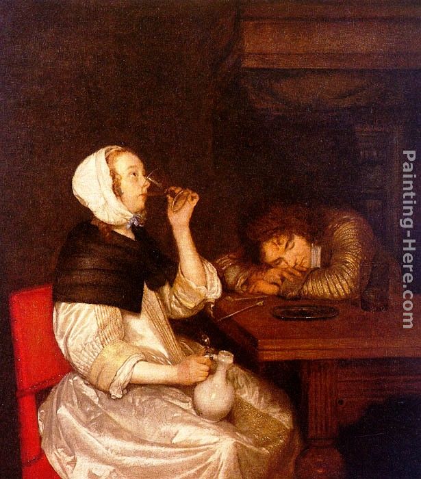Woman Drinking with a Sleeping Soldier painting - Gerard ter Borch Woman Drinking with a Sleeping Soldier art painting